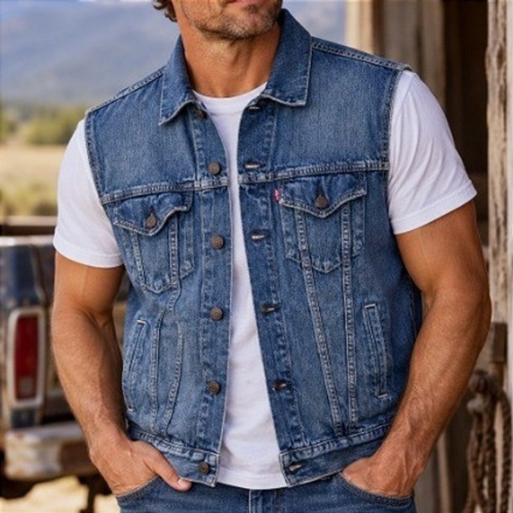 Levi's Medium Wash Battered Denim Rugged Trucker Americana Biker Vest L